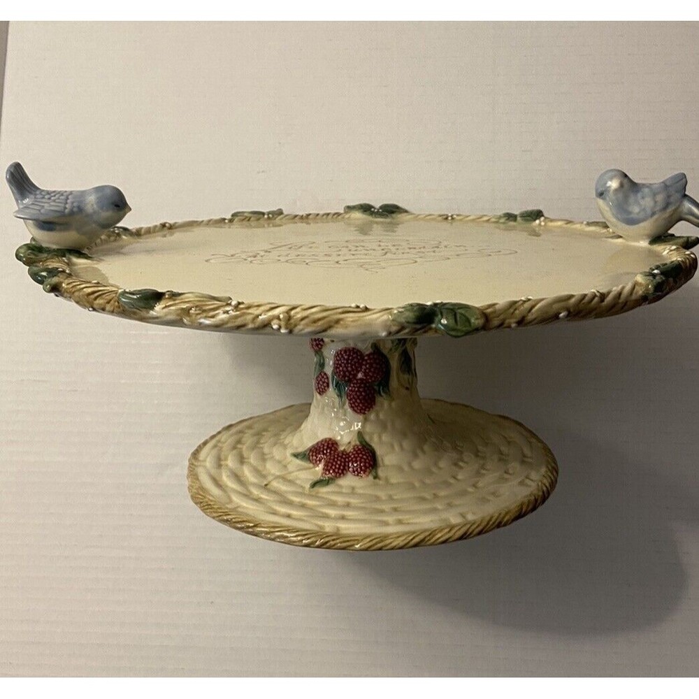 UNIQUE painted ceramic cake stand with two 3D Birds on top